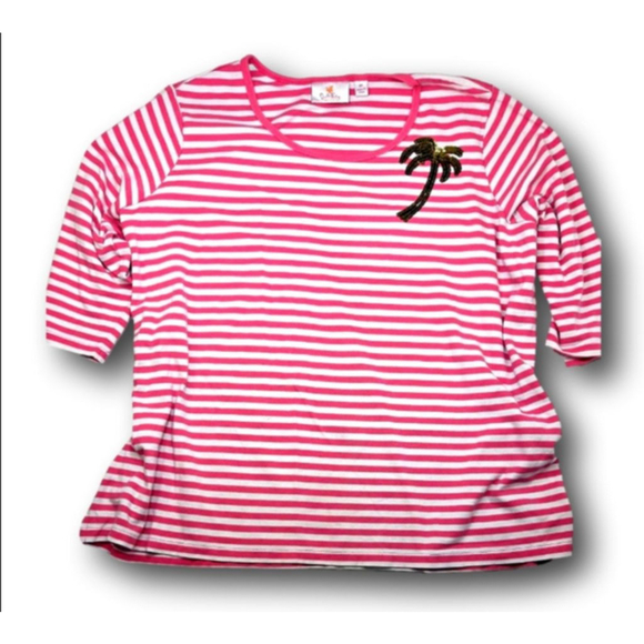 Quacker Factory Tops - Women's Quacker Factory Long Sleeve Tee 2X Pink White Striped Palm Tree